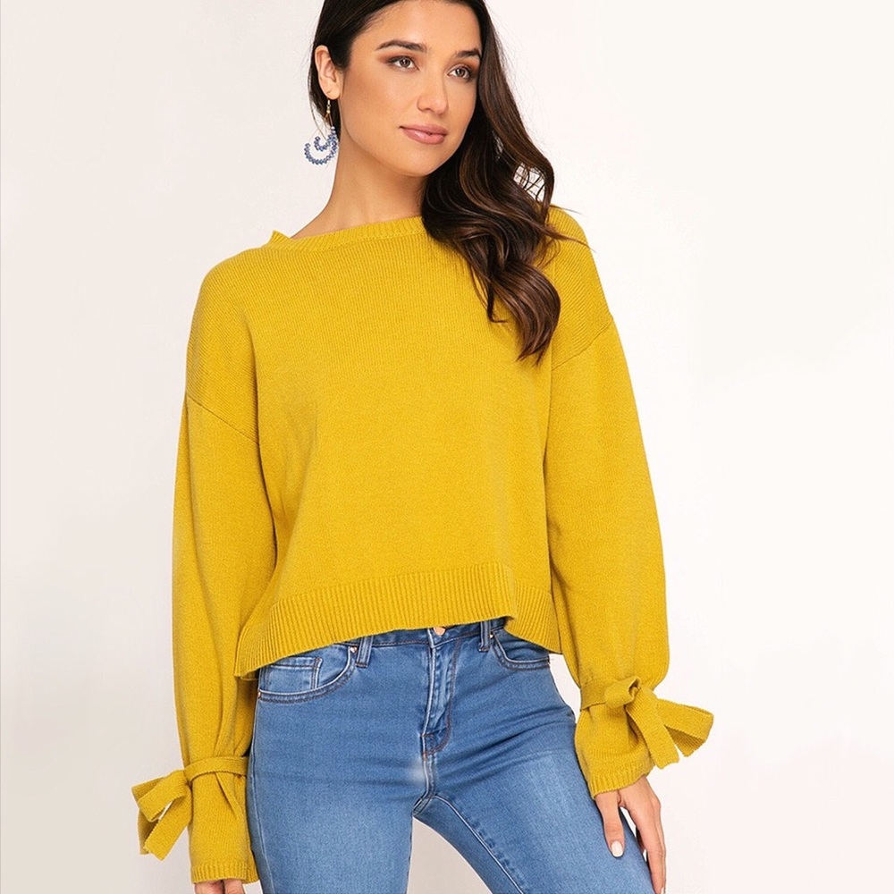 Mustard Bell Sleeve Knit Sweater, Sleeve Tie - Picture 7 of 9